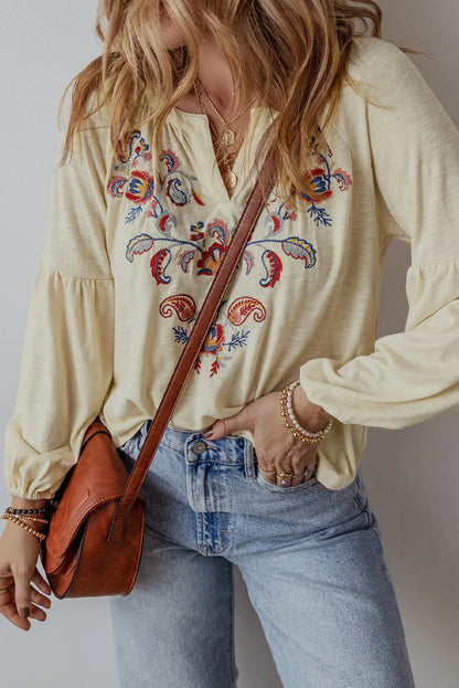 Embroidered Notched Long Sleeve Blouse