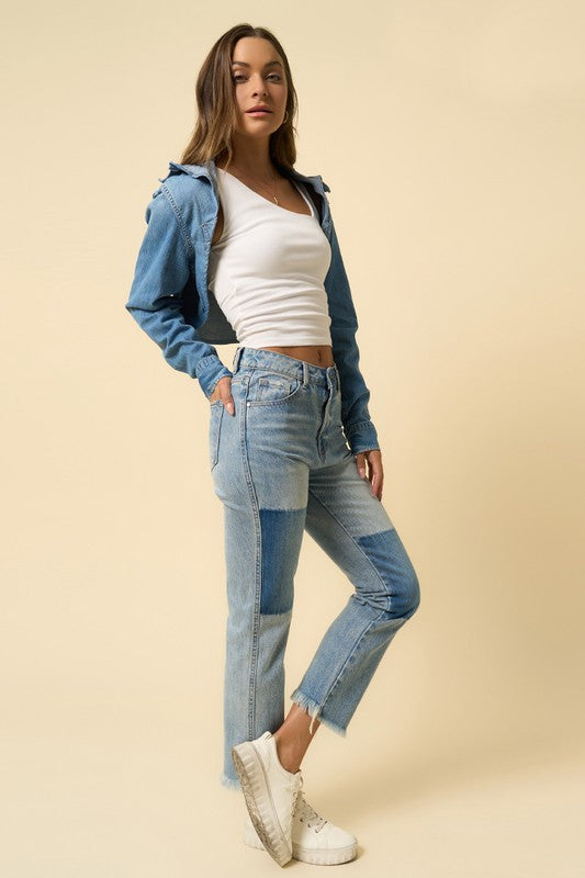 High Rise Frayed Hem Straight Jeans