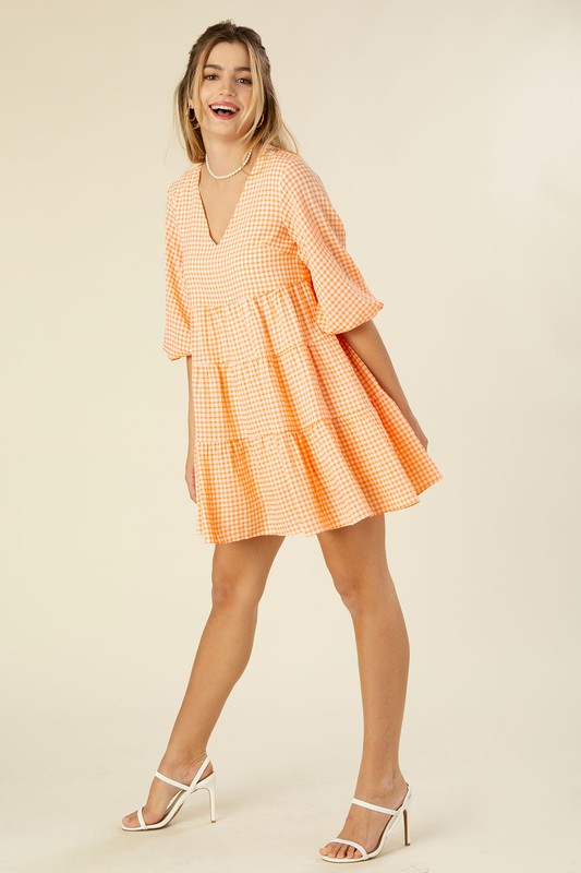 Gingham checked tiered dress