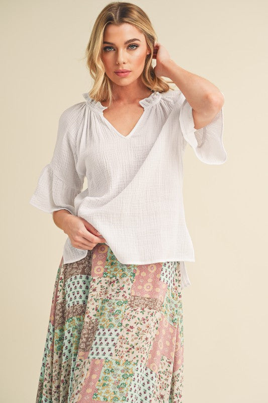 Tes 3/4 Sleeve Ruffle Top