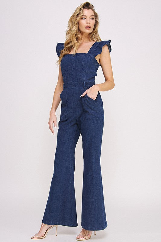 DENIM RUFFLE FLARE LEG JUMPSUIT