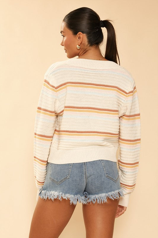 Retro stripe cropped knit cardigan