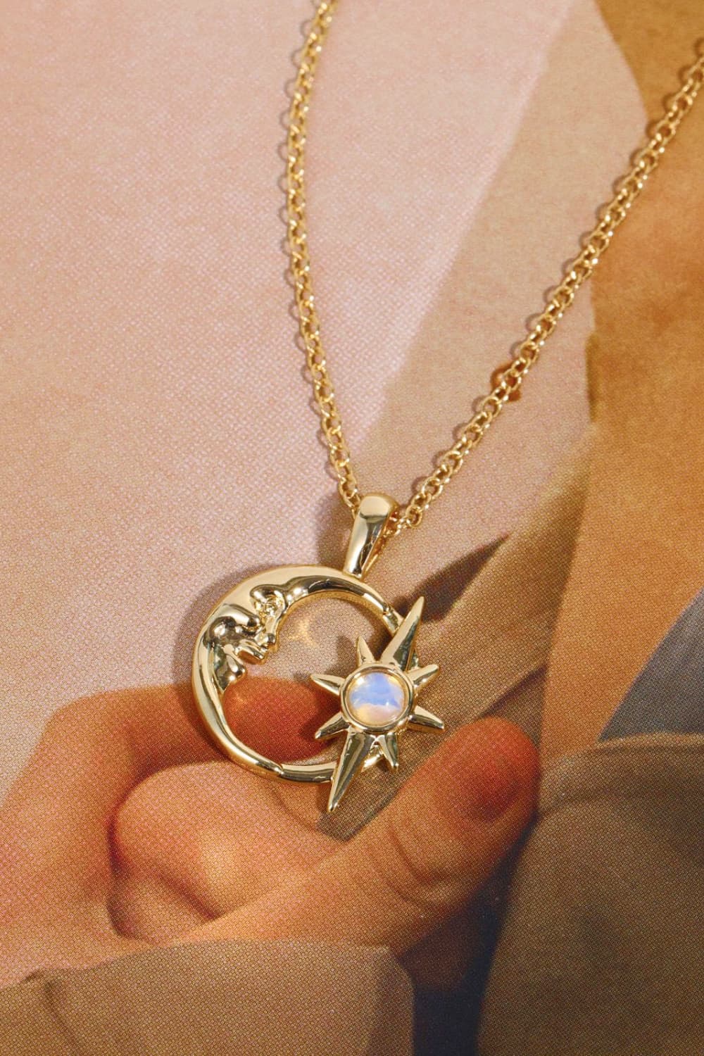 Copper 14K Gold-Plated Moon &amp; Star Shape Pendant Necklace