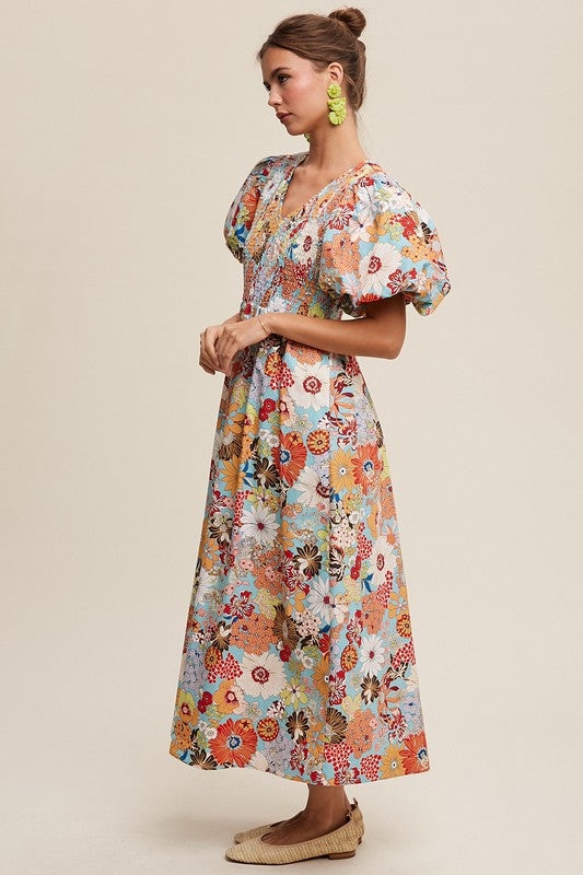 Flower Print Smocked V-neck Puff Sleeve Maxi Dress