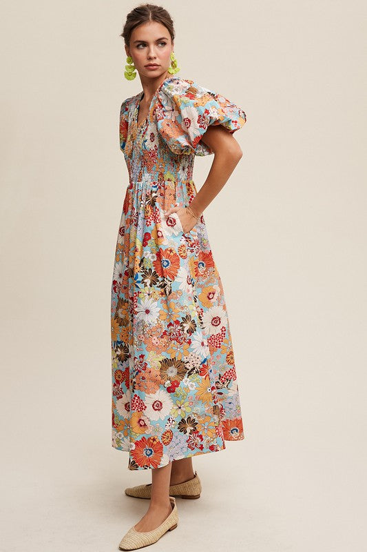 Flower Print Smocked V-neck Puff Sleeve Maxi Dress