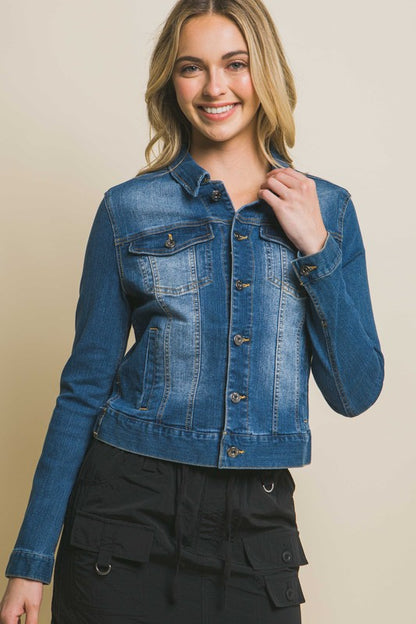 Distressed Button Up Stretchy Cotton Denim Jacket