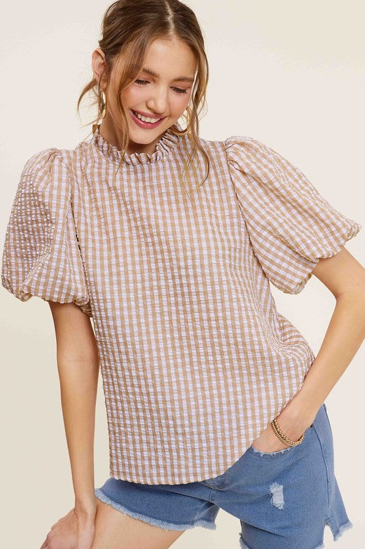 Gingham Check Print Puff Sleeve Top