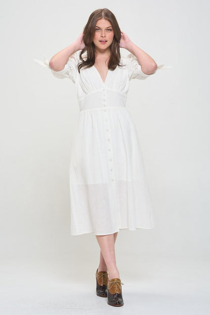 PLUS 3/4 PUFF SLV TEXTURED BUTTON DOWN MIDI DRESS