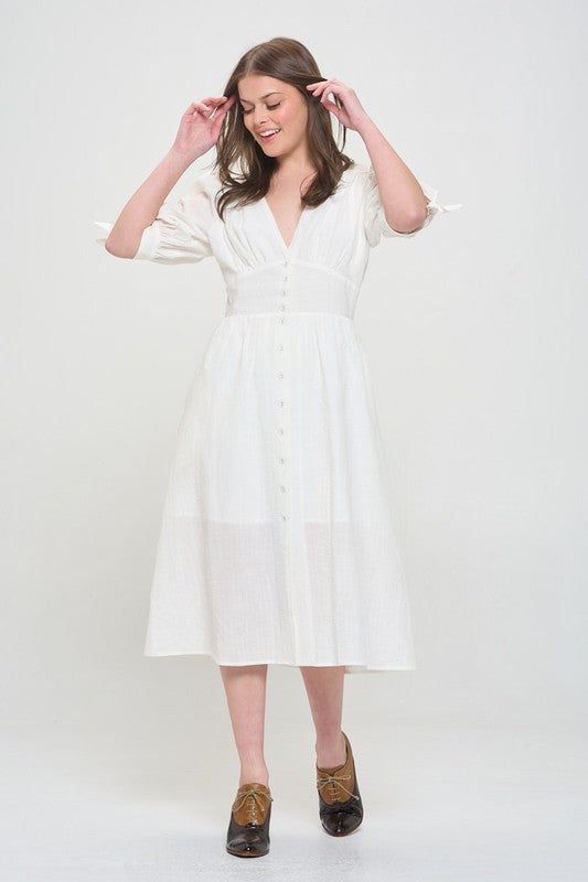 PLUS 3/4 PUFF SLV TEXTURED BUTTON DOWN MIDI DRESS