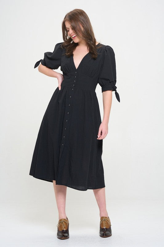 PLUS 3/4 PUFF SLV TEXTURED BUTTON DOWN MIDI DRESS