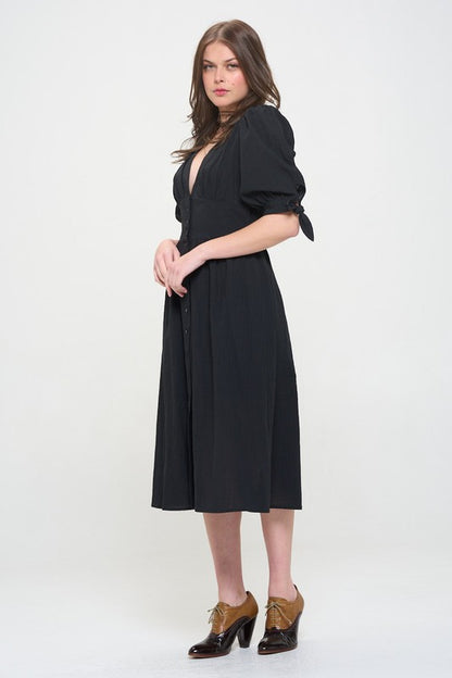 PLUS 3/4 PUFF SLV TEXTURED BUTTON DOWN MIDI DRESS