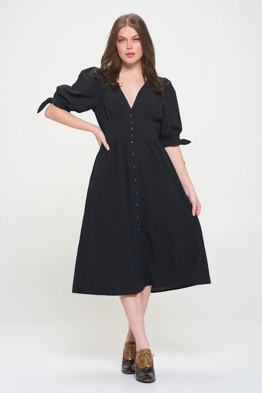 PLUS 3/4 PUFF SLV TEXTURED BUTTON DOWN MIDI DRESS