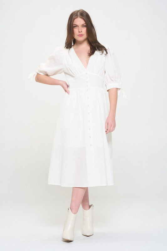 PLUS 3/4 PUFF SLV TEXTURED BUTTON DOWN MIDI DRESS