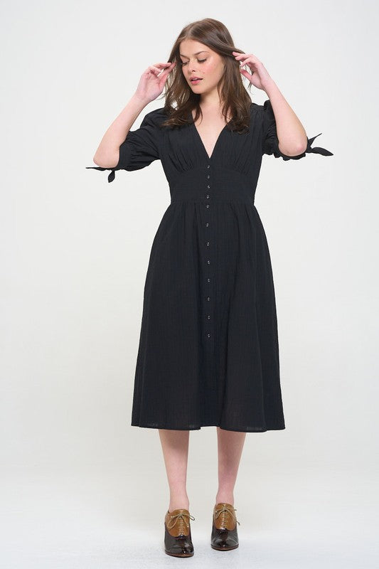 PLUS 3/4 PUFF SLV TEXTURED BUTTON DOWN MIDI DRESS