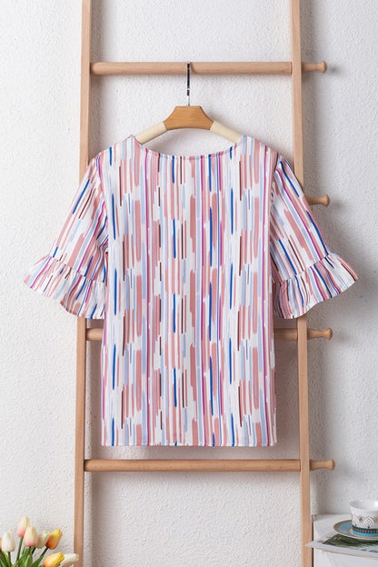 White Water color stripe ruffle half sleeve blouse