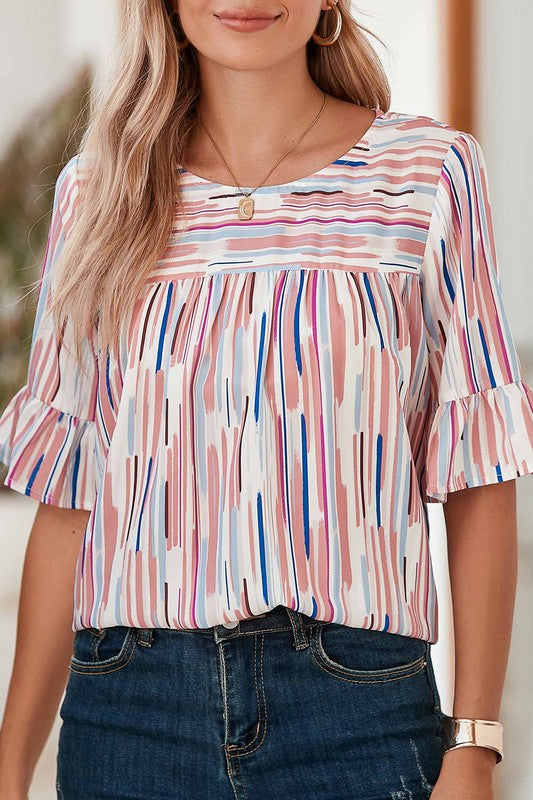 White Water color stripe ruffle half sleeve blouse