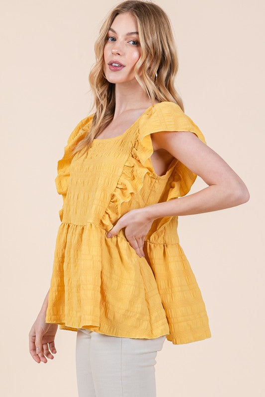 Ruffle Sleeve Textured Peplum Top