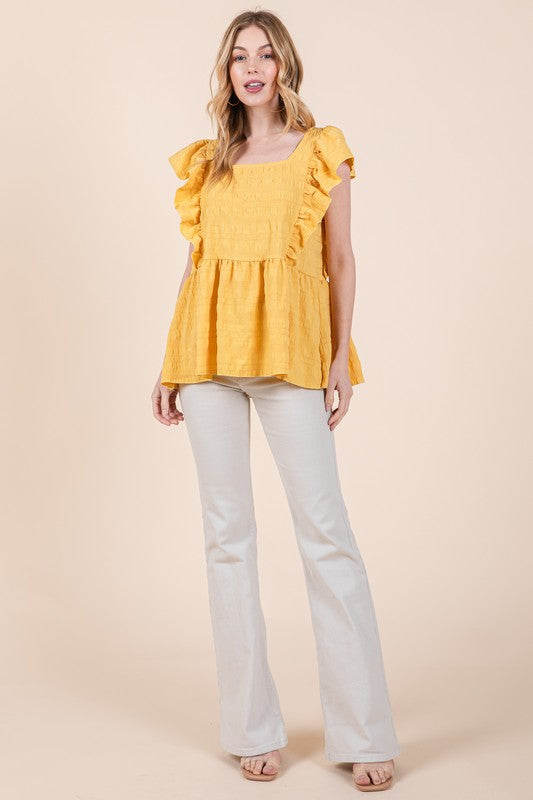 Ruffle Sleeve Textured Peplum Top