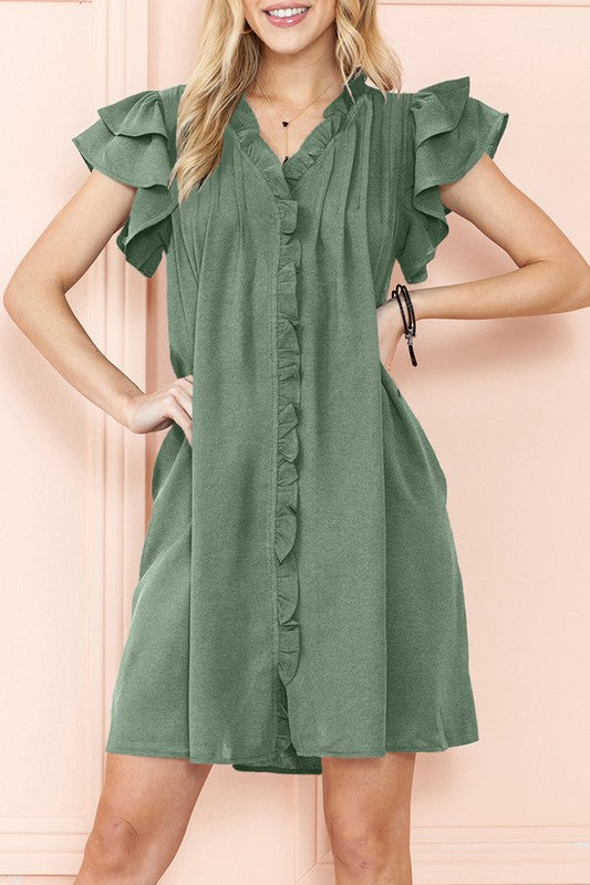 Ruffle Sleeve V neck Green, Black dress w/ pocket