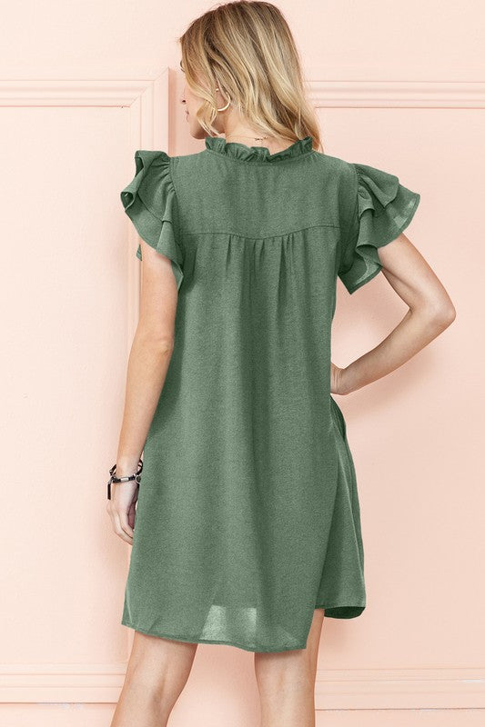 Ruffle Sleeve V neck Green, Black dress w/ pocket