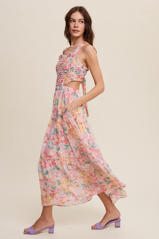 Floral Bubble Textured Two-Piece Style Maxi Dress