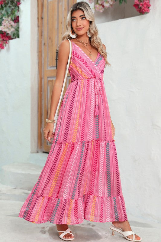 Pink Tribal Tassel Tie V Neck Surplice Maxi Dress