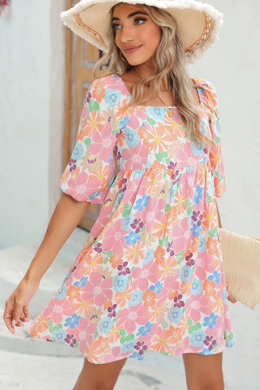 Square neck bubble puff sleeve floral coral dress