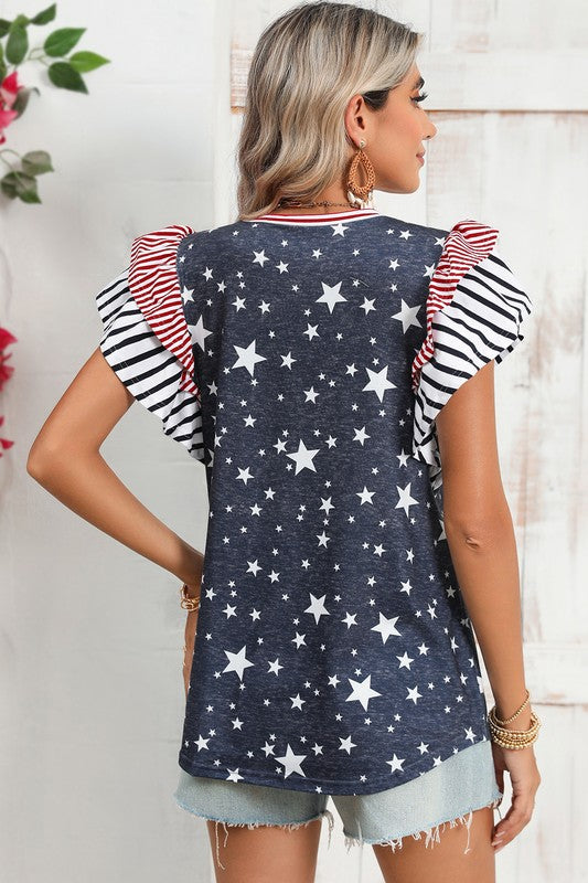 Flag Stripe Ruffle Sleeve Star Shirt USA