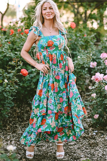 Women Print Sleeveless Ruffle Tiered Maxi Dress