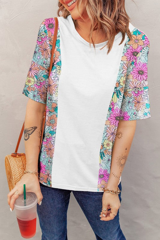 Women Floral Print Patchwork Short Sleeve Top