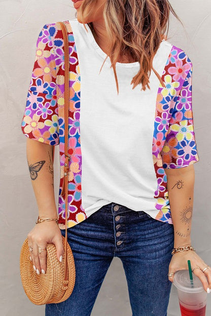 Women Floral Print Patchwork Short Sleeve Top