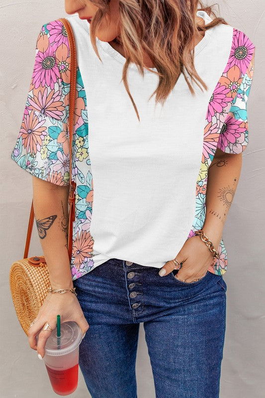 Women Floral Print Patchwork Short Sleeve Top