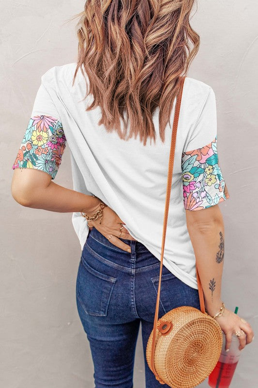 Women Floral Print Patchwork Short Sleeve Top