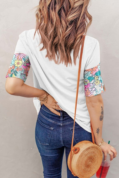 Women Floral Print Patchwork Short Sleeve Top