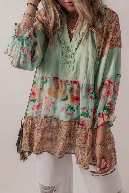 Women Floral Patchwork Frilled Split Neck Blouse