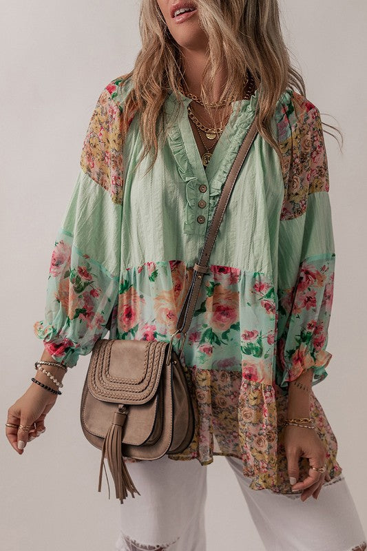 Women Floral Patchwork Frilled Split Neck Blouse