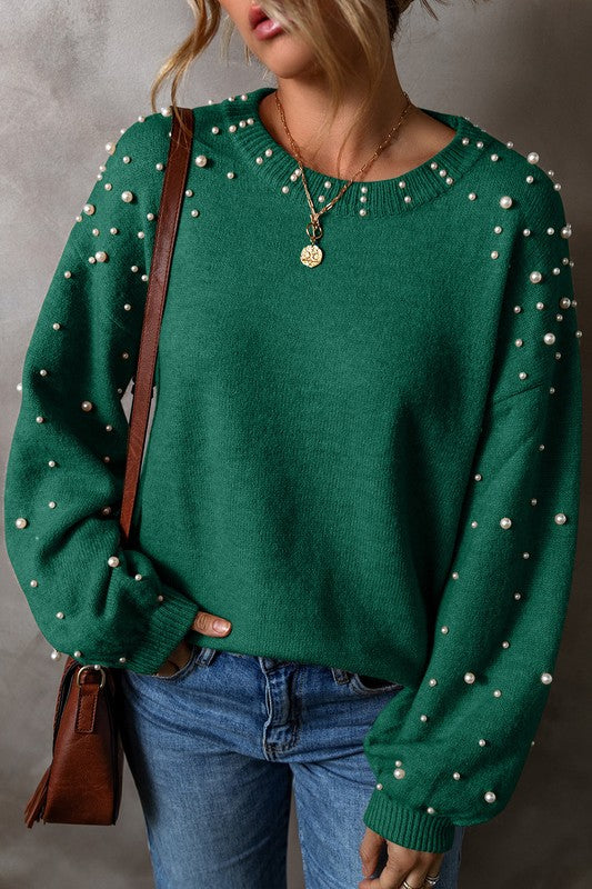 Pearl Drop Shoulder Round Neck Sweater