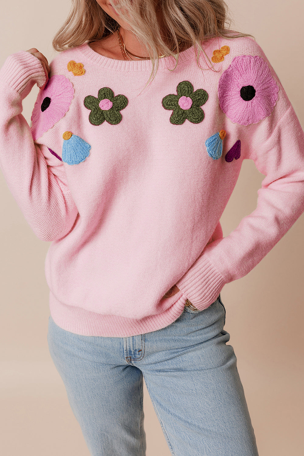 Crochet Flower Round Neck Dropped Shoulder Sweater