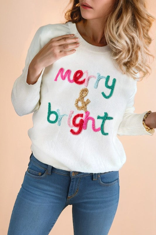 Glitter Merry &amp; Bright Round Neck Knit Sweater