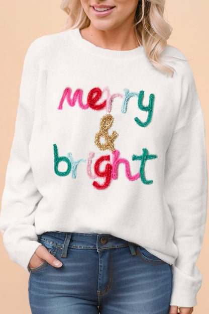 Glitter Merry &amp; Bright Round Neck Knit Sweater