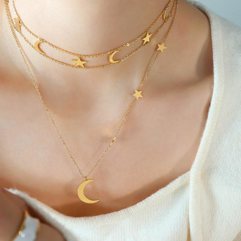 Star &amp; Moon Titanium Steel Layered Necklace