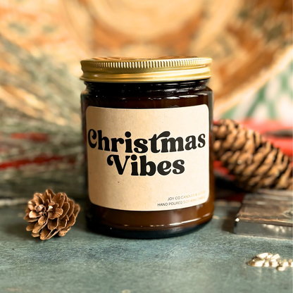 Christmas Vibes Candle, Groovy Christmas Collection, Christmas Scented Candle, Christmas Gifts, Holiday Decor, 100% Soy Wax 9 oz Candle, 50 Hour Burn Time, Recyclable Amber Glass Jar, Made in the USA