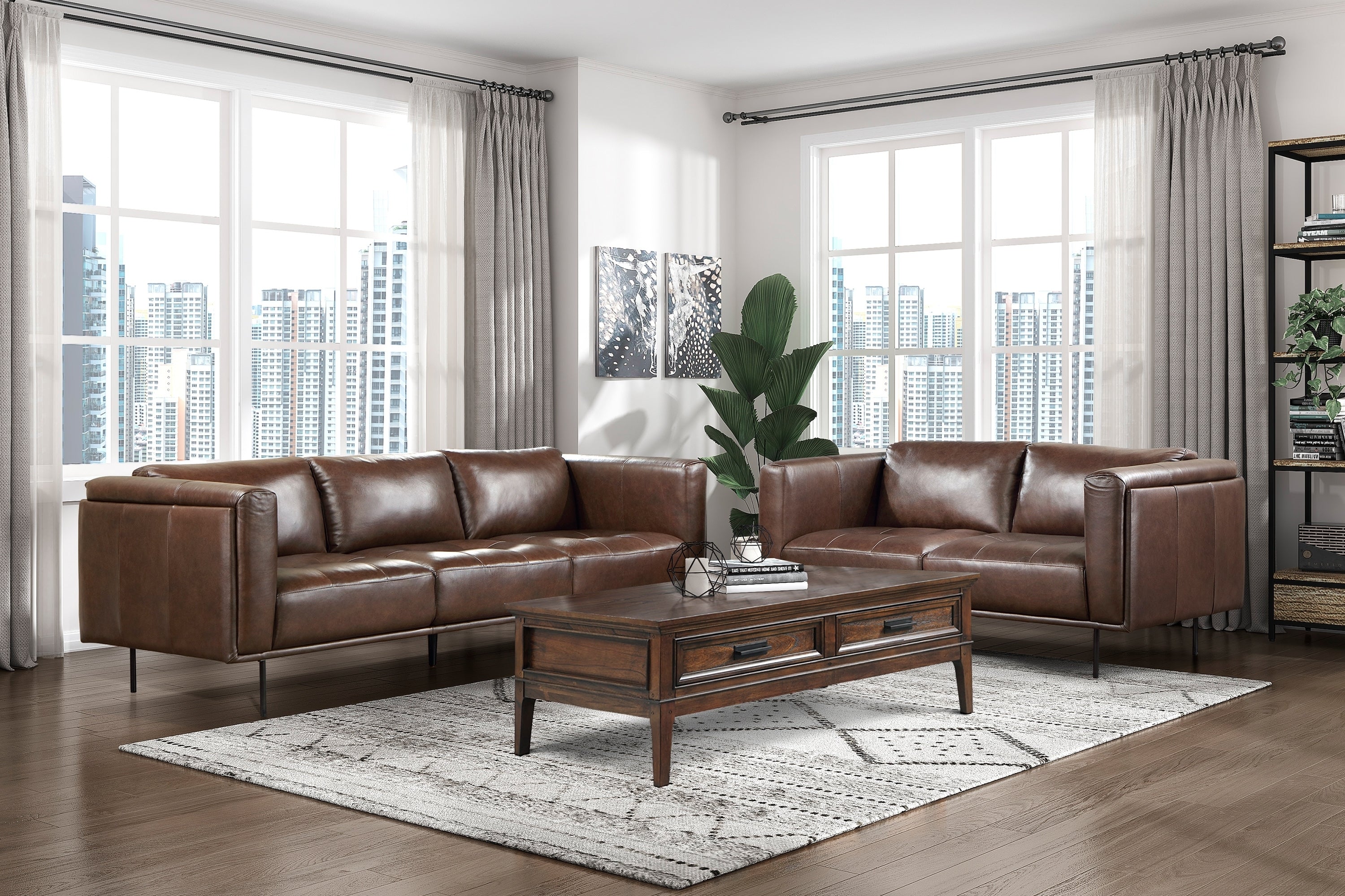 Modern Design Brown Genuine Leather Loveseat-3