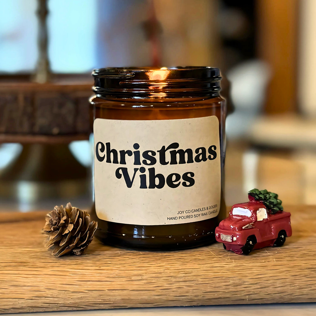 Christmas Vibes Candle, Groovy Christmas Collection, Christmas Scented Candle, Christmas Gifts, Holiday Decor, 100% Soy Wax 9 oz Candle, 50 Hour Burn Time, Recyclable Amber Glass Jar, Made in the USA