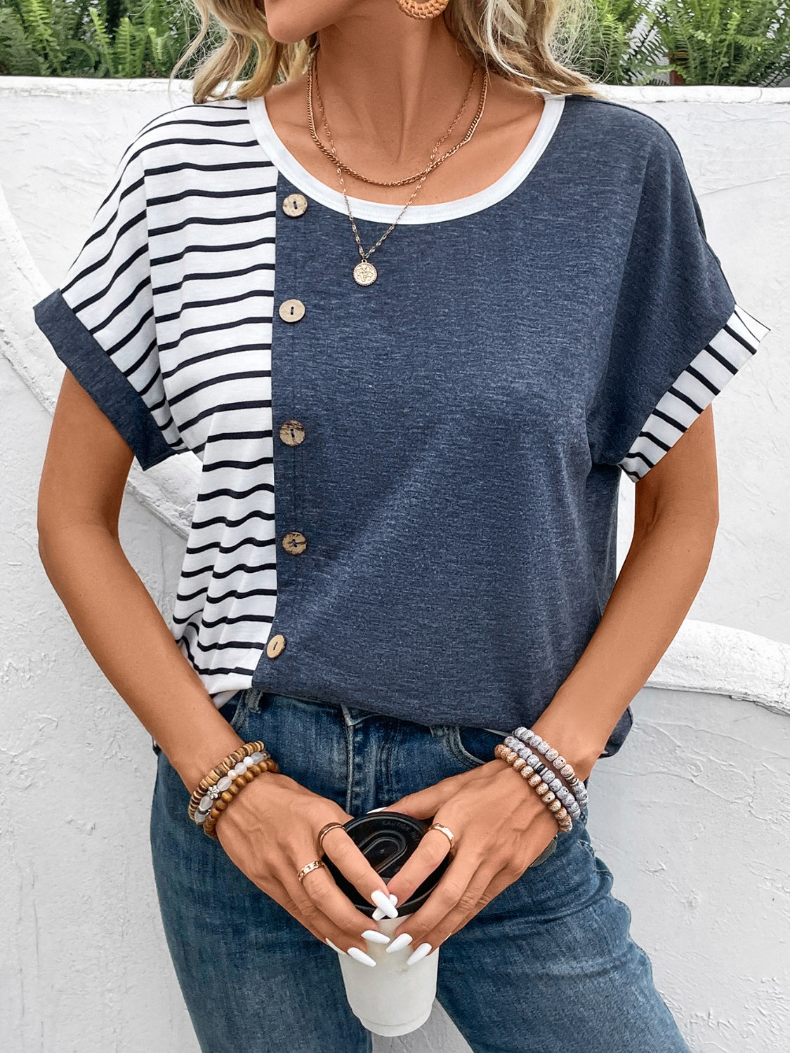 Decorative Button Striped Round Neck Short Sleeve Top