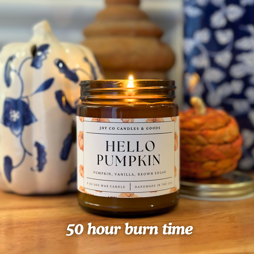 Hello Pumpkin 9 oz Soy Wax Candle, Fall Home Decor, Handmade in the USA