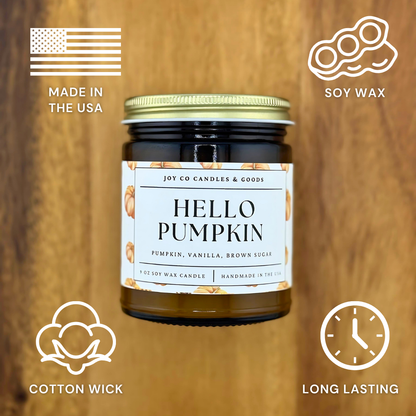 Hello Pumpkin 9 oz Soy Wax Candle, Fall Home Decor, Handmade in the USA