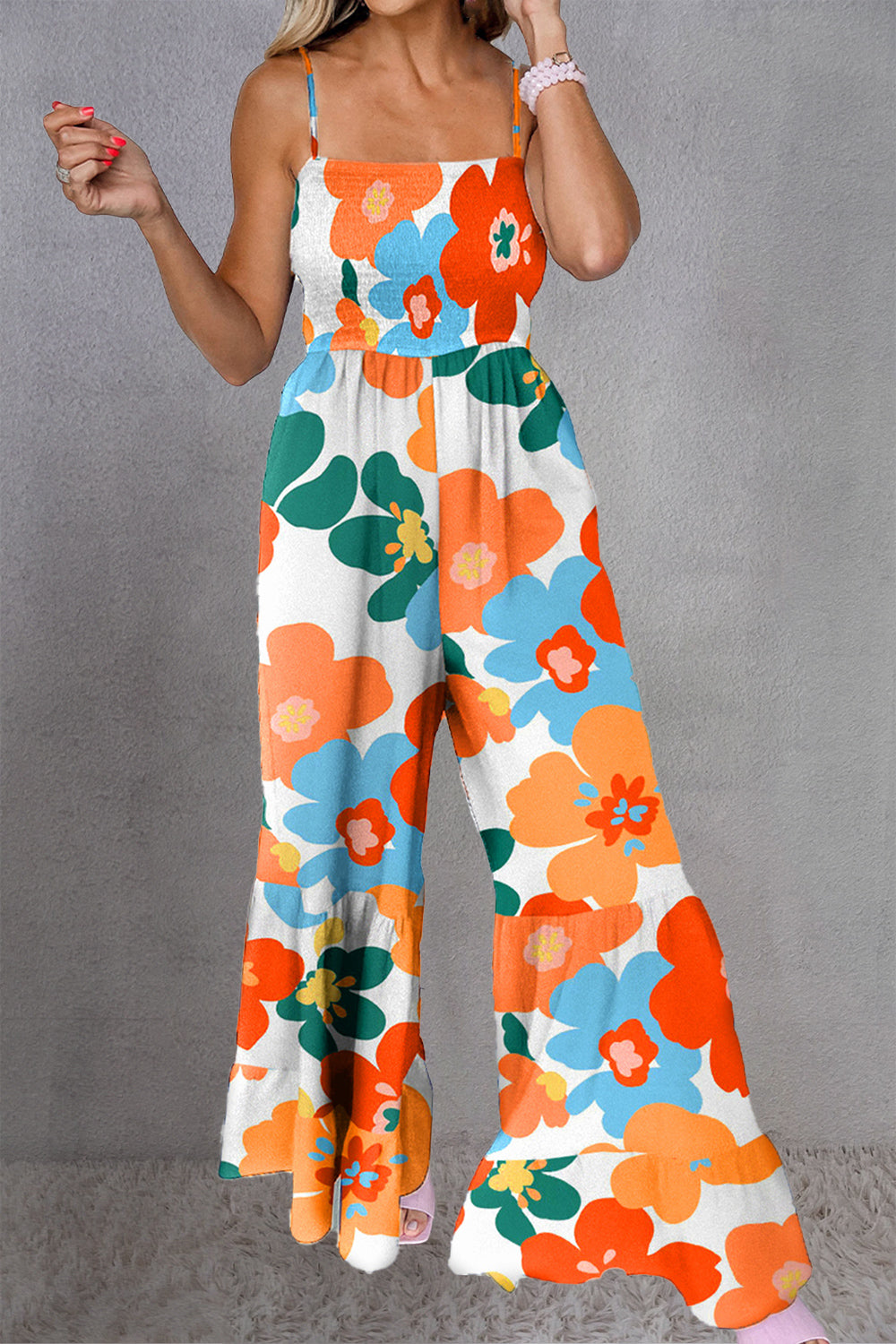 Printed Smocked Spaghetti Strap Jumpsuit