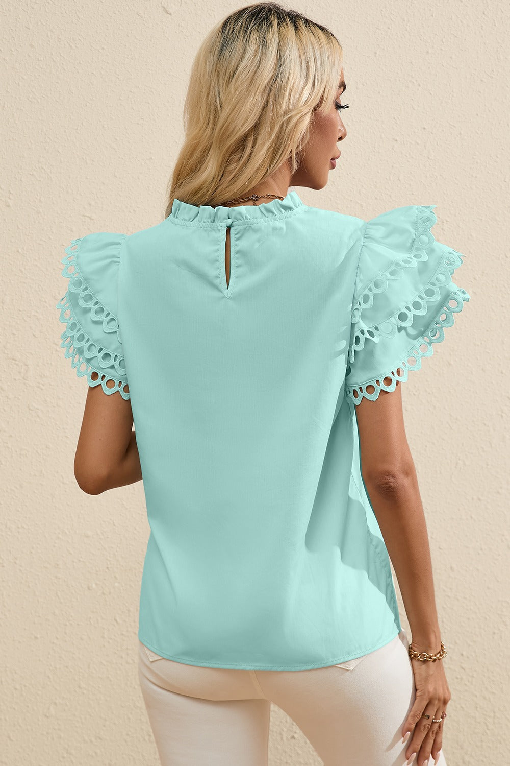 Ruffled Eyelet Round Neck Cap Sleeve Blouse