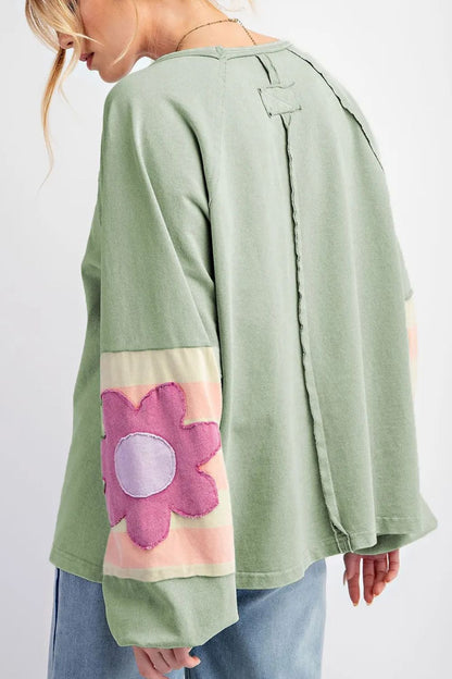 Flower Patch Round Neck Balloon Sleeve Top